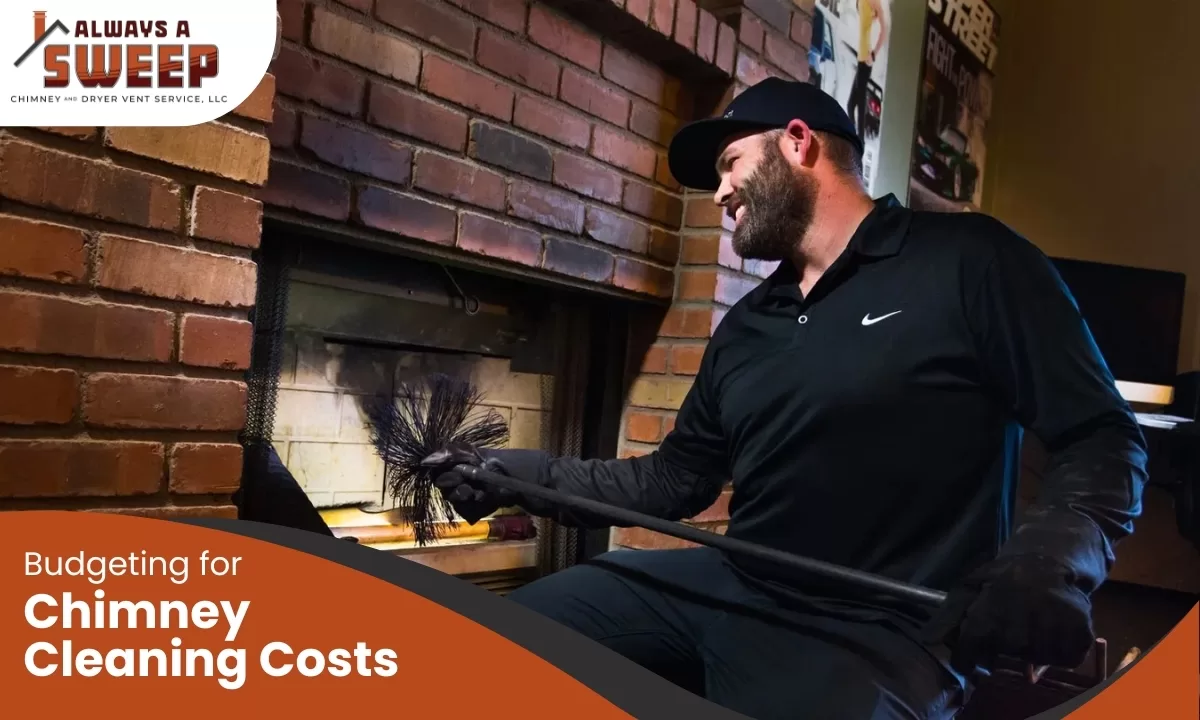 A professional chimney sweep in black uniform carefully using a rod and wire brush to perform a chimney cleaning service inside a brick fireplace in Denver, CO.