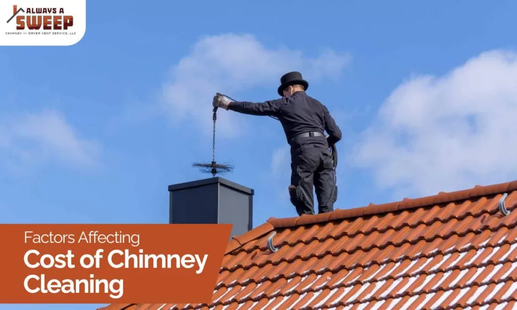 Factors That Affect the Cost of Chimney Cleaning 1 A professional chimney sweep dressed in black with a top hat stands on a tiled roof in Denver, CO, lowering a wire brush into a metal chimney flue.