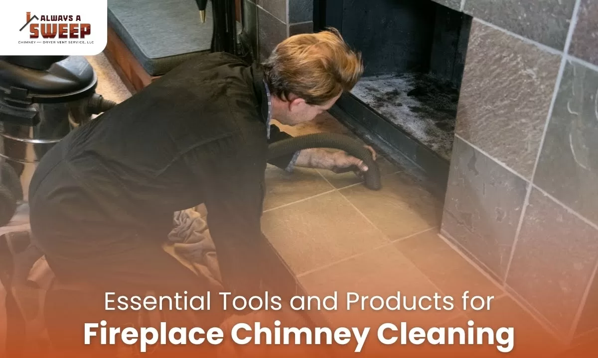 A professional technician using a specialized vacuum hose as part of his fireplace chimney cleaning tools to remove soot from a tiled hearth in Denver, CO.