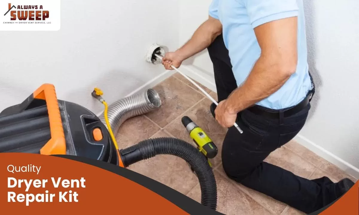 A professional service technician using parts from a quality dryer vent repair kit to fix a wall exhaust connection in a Denver, CO home next to professional vacuum equipment.