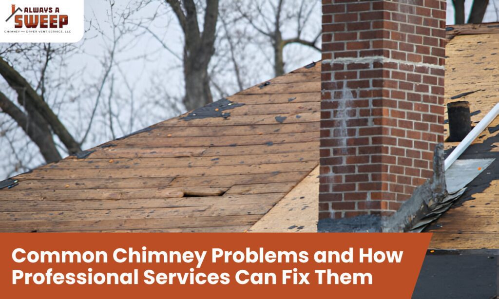 A close-up view of common chimney problems on a home roof in Denver, CO, showing a brick chimney stack with deteriorated flashing and weathered masonry during roof construction.