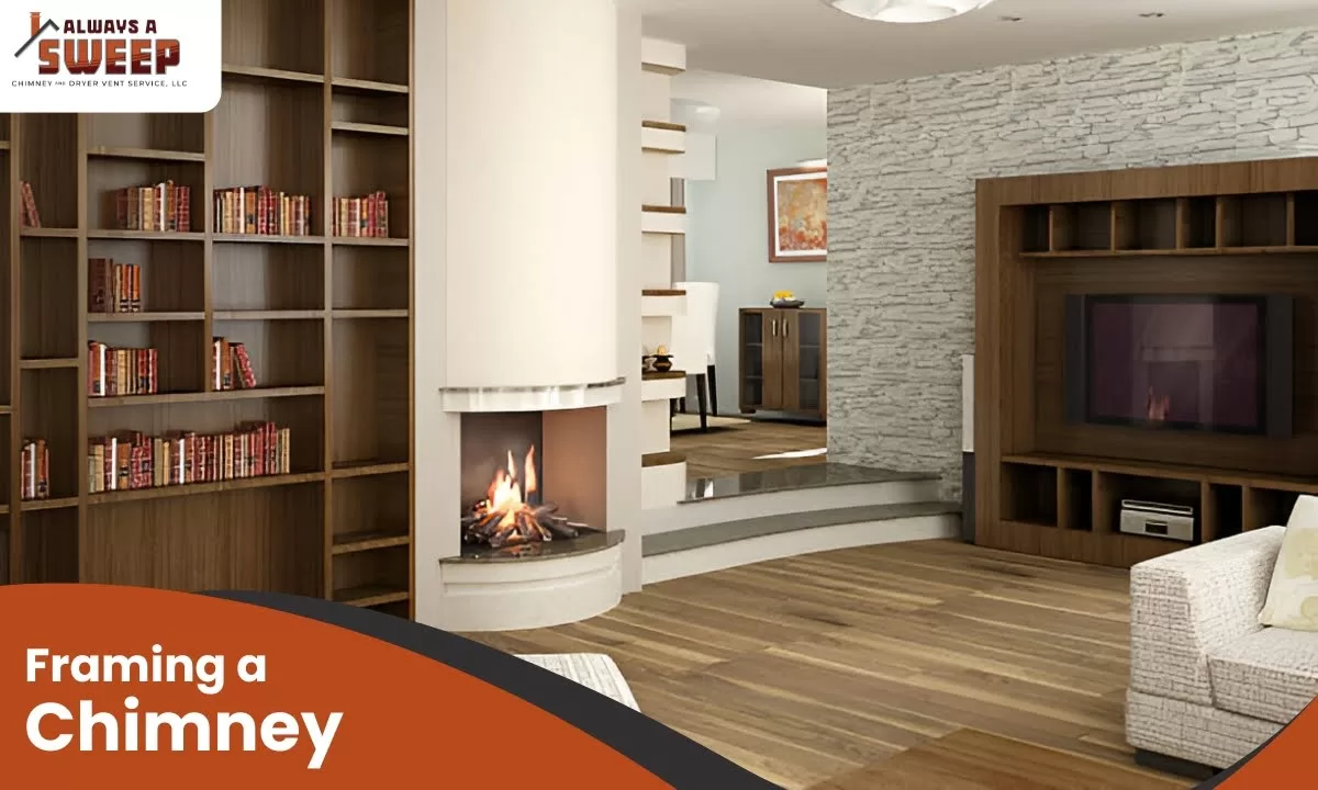 A modern curved white fireplace insert with burning logs built into a living room wall, illustrating proper framing a chimney safely in Denver, CO next to large built-in wooden bookshelves.