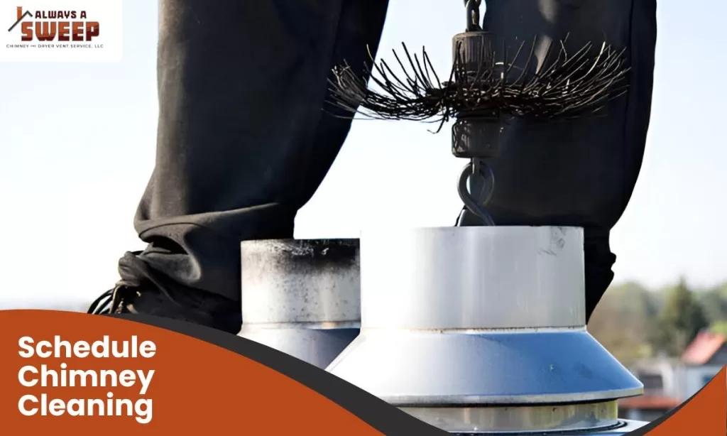 A close-up of a technician standing on a roof preparing a metal wire chimney sweep brush above a round metal chimney flue for a scheduled chimney cleaning in Denver, CO.
