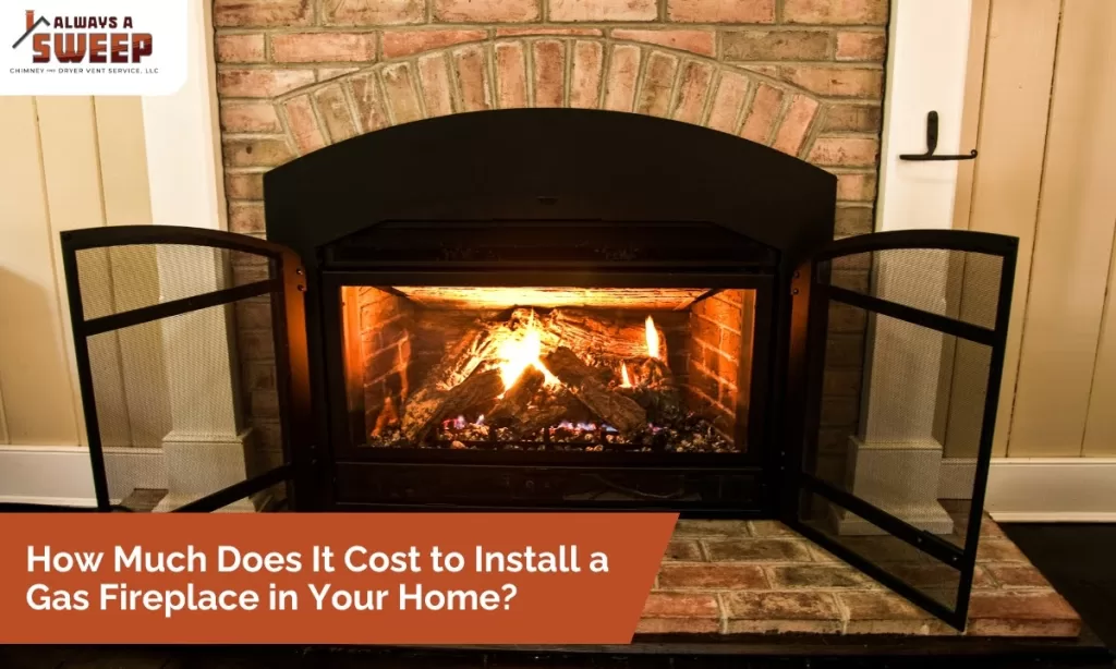A newly installed gas fireplace insert with lit logs glowing inside a beautiful brick hearth and mantel assembly in a Denver, CO home.