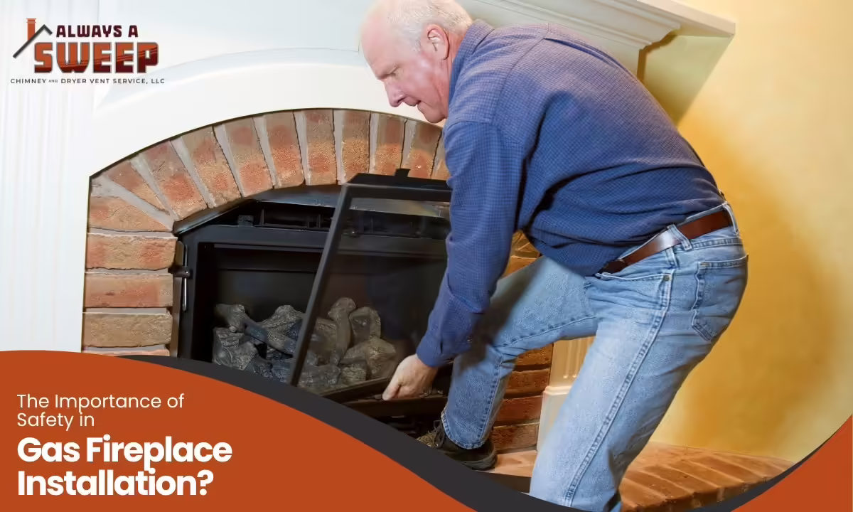 A professional service technician carefully installing a black metal gas fireplace installation safety insert with faux logs into a brick hearth framing in Denver, CO.