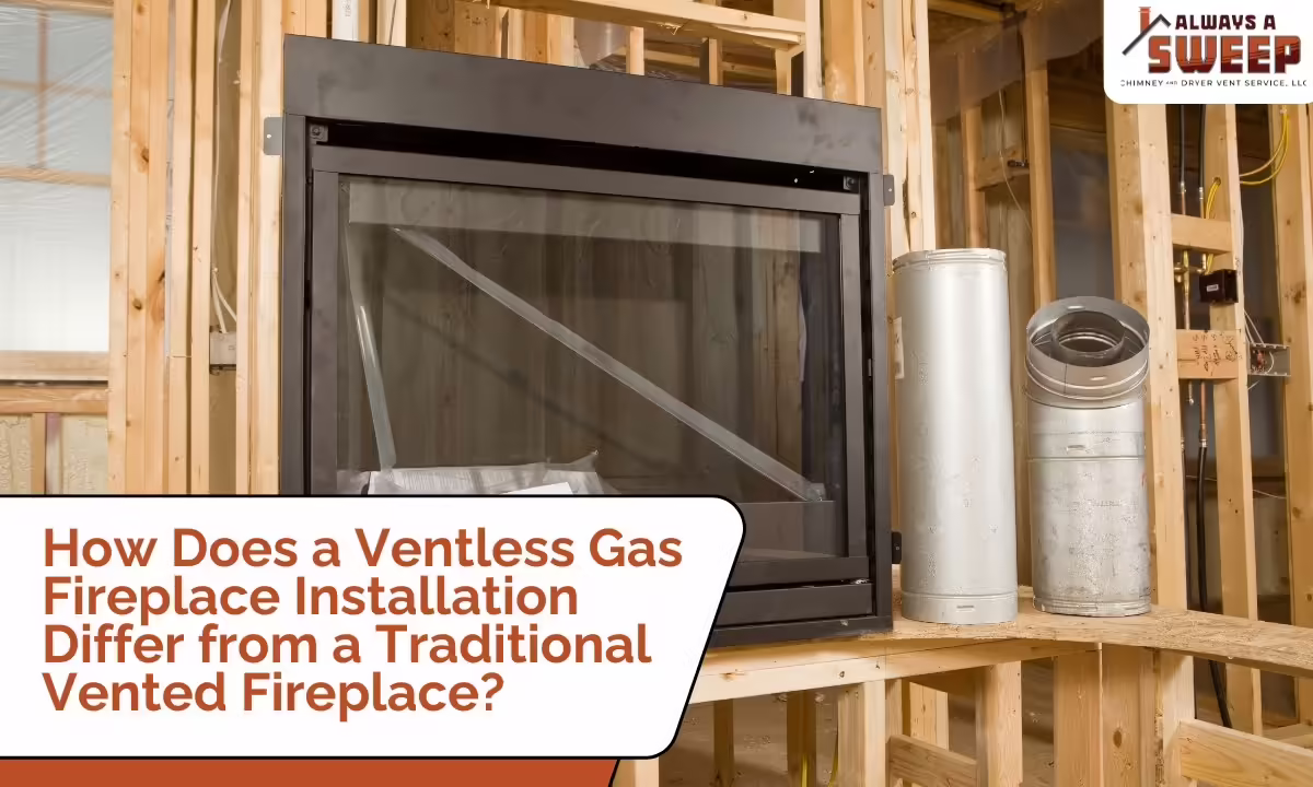 A black metal vented gas fireplace unit set within a wood-framed wall during an installation in Denver, CO, with metal chimney venting pipes sitting next to it.