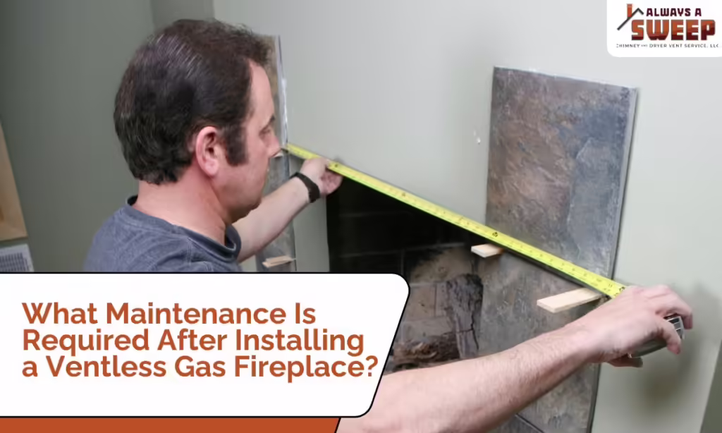 A professional technician measuring the opening of a ventless gas fireplace installation in Denver, CO, using a yellow tape measure against stone surround tiles.