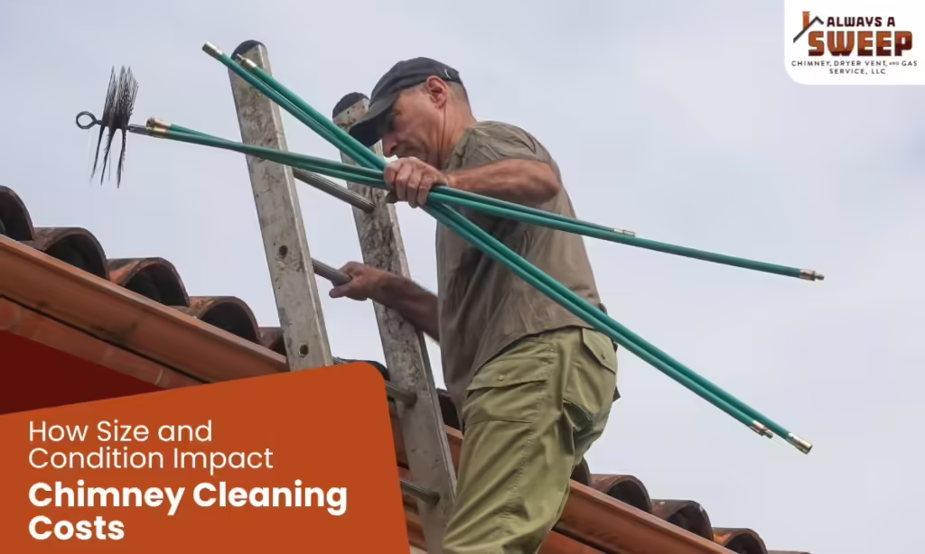 A professional chimney technician climbing a ladder onto a tiled roof while carrying flexible green extension rods and a wire brush tool, featured on a banner explaining chimney cleaning costs in Ocala, Florida.