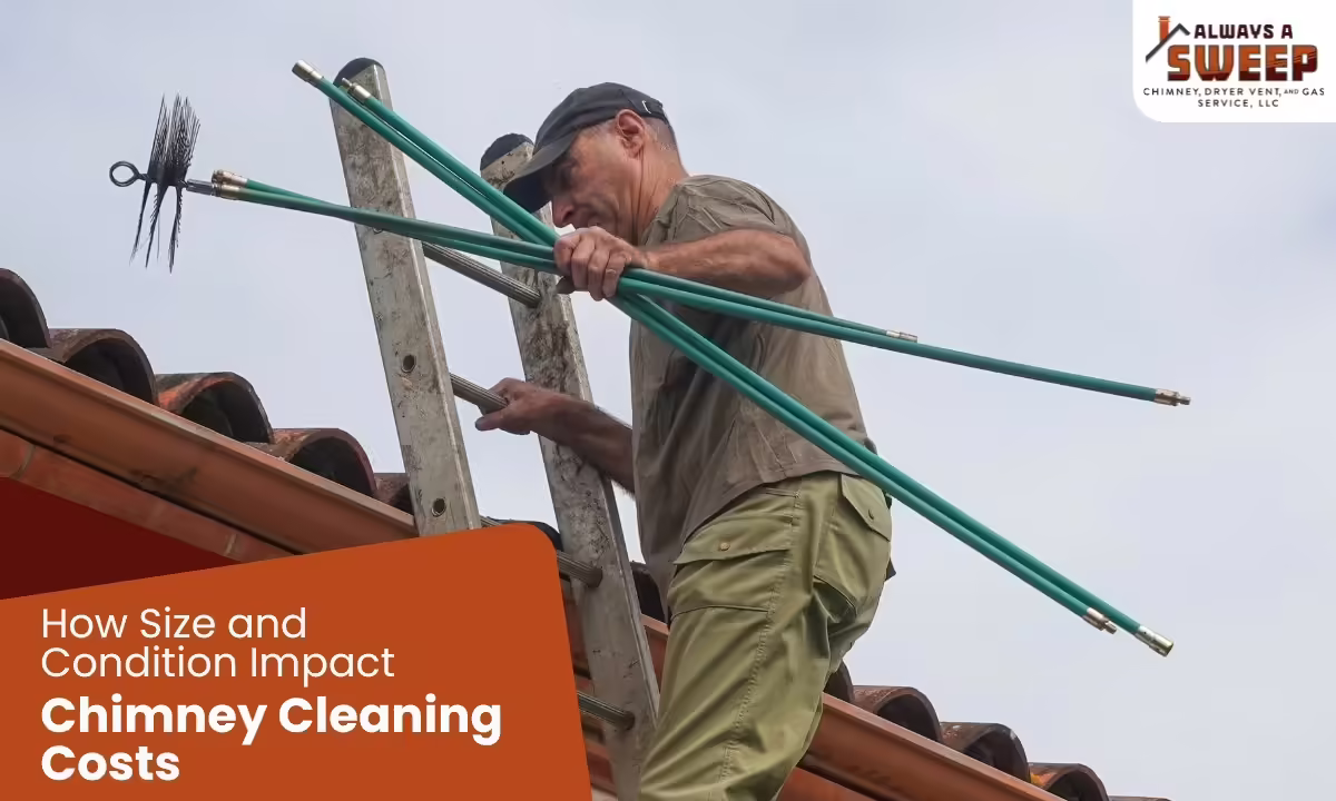 A professional chimney technician climbing a ladder onto a tiled roof while carrying flexible green extension rods and a wire brush tool, featured on a banner explaining chimney cleaning costs in Ocala, Florida.