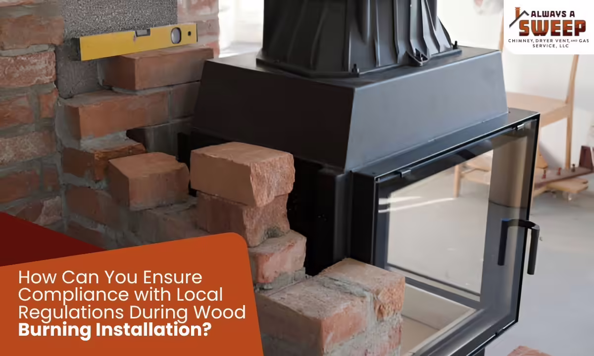 A professional wood burning fireplace installation in Denver, CO, showing a black metal fireplace insert with a glass door being framed by red brick masonry work.
