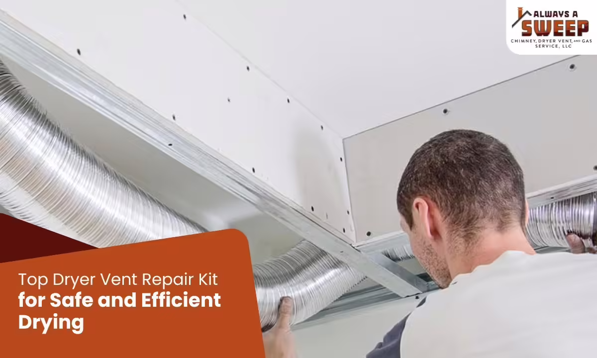 A service technician working overhead to install a flexible aluminum dryer vent duct along a ceiling bulkhead, featured on a digital banner promoting the top dryer vent repair kit in Ocala, Florida.