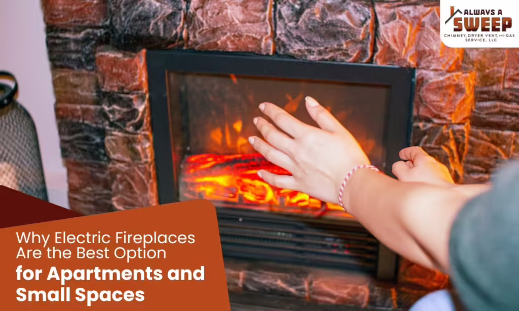 A close-up view of hands warming up in front of a modern electric fireplace insert embedded in a stone wall, featured on a banner promoting electric fireplaces in Ocala, Florida.