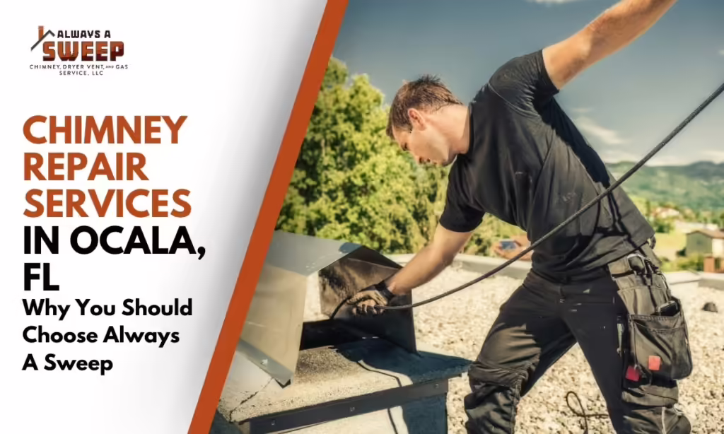 A professional service technician standing on a residential roof feeds a flexible cleaning rod into an open metal chimney cap structure during a chimney repair inspection in Ocala, FL.