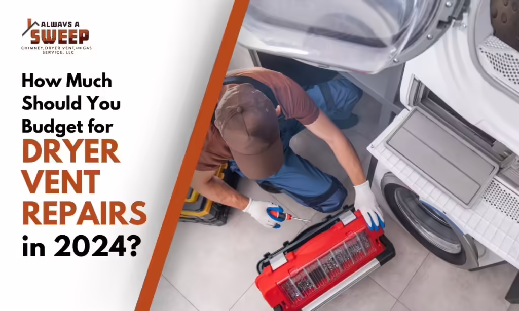How Much Should You Budget for Dryer Vent Repairs in 2024? 30 An overhead view of a service technician in blue overalls kneeling to perform a dryer vent repair on stacked laundry machines, featured on a promotional cost guide banner in Ocala, FL.
