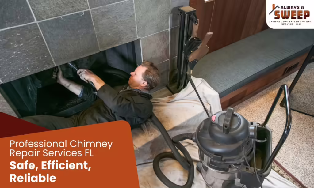 Professional Chimney Repair Services FL: Safe, Efficient, Reliable 29 A professional technician lies on a protective cloth to inspect and clean the interior flue of a modern grey tile fireplace insert, using a shop vacuum as part of chimney repair services in Ocala, FL.