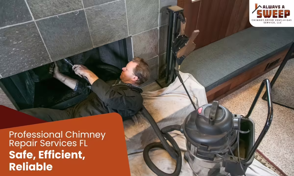 A professional technician lies on a protective cloth to inspect and clean the interior flue of a modern grey tile fireplace insert, using a shop vacuum as part of chimney repair services in Ocala, FL.