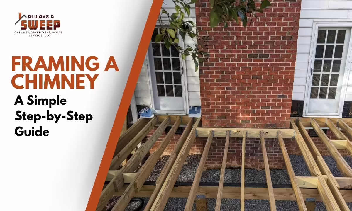 A digital banner showing wooden deck joists built and framed carefully around an exterior red brick chimney structure attached to a residential house, promoting a step-by-step guide for framing a chimney in Ocala, FL.