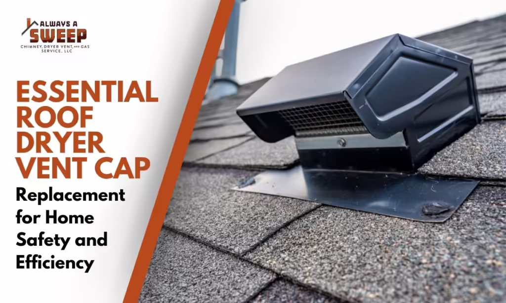 A close-up view of a newly installed black metal roof dryer vent cap securely fitted onto asphalt roof shingles, featured as part of a digital banner for home safety services in Ocala, FL.