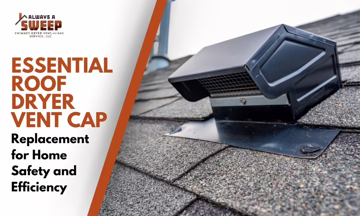 A close-up view of a newly installed black metal roof dryer vent cap securely fitted onto asphalt roof shingles, featured as part of a digital banner for home safety services in Ocala, FL.