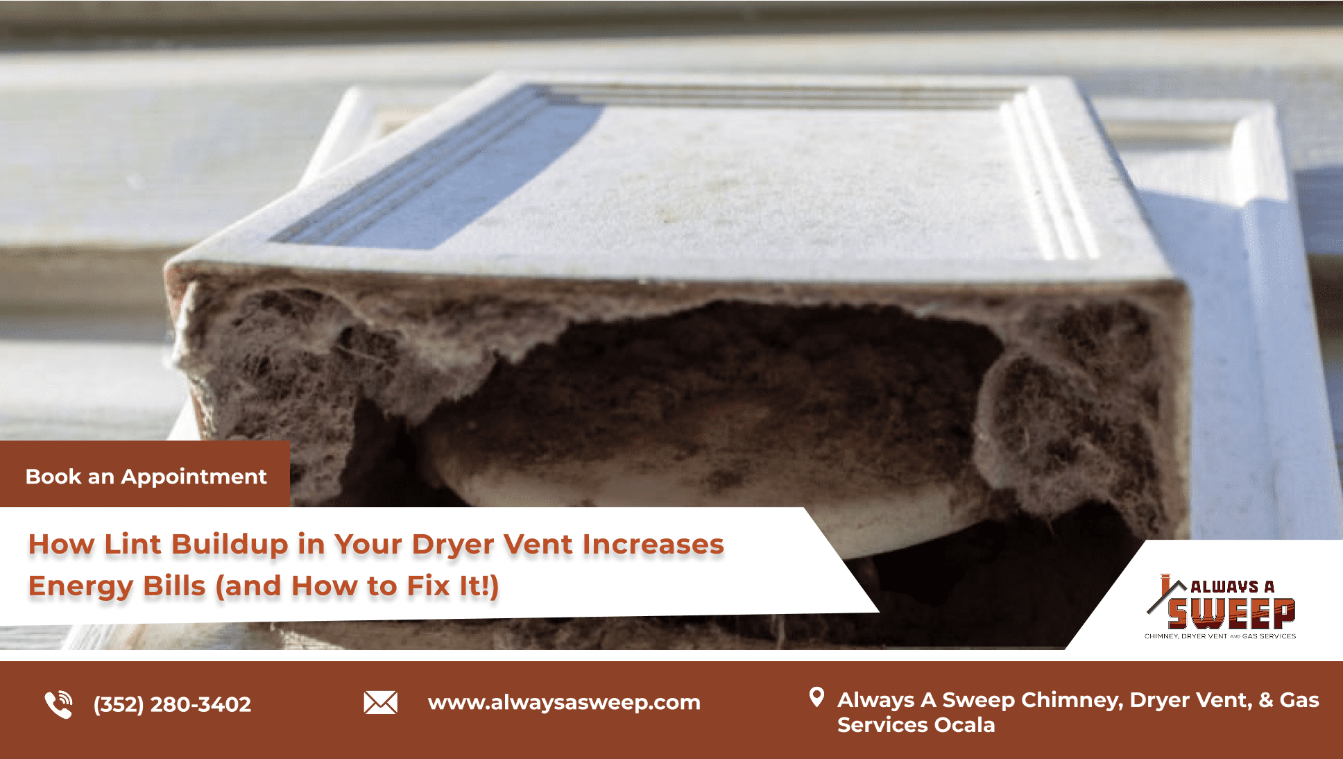 A close-up view of extreme lint buildup inside a white rectangular dryer vent cover, used as a banner image highlighting local chimney cleaning and home maintenance services in Ocala, FL.