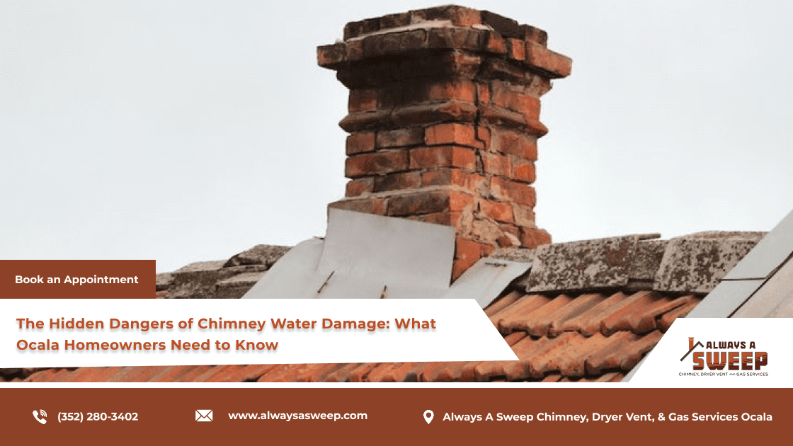 A close-up view of a deteriorating, cracked red brick chimney on a clay tile roof, illustrating chimney water damage that requires structural repair in Ocala, FL.