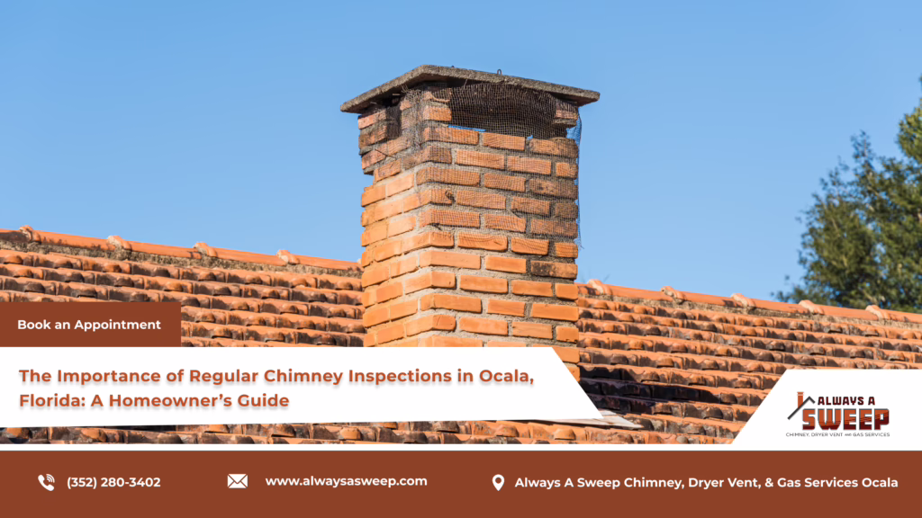 An exterior wide view of a weathered red brick chimney with a protective concrete cap on a clay tile roof, used as a banner to highlight a professional chimney inspection in Ocala, FL.