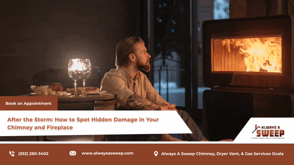 A man sits on the floor relaxing by a roaring modern fireplace insert, used as a banner image highlighting the need for a post-storm chimney damage inspection in Ocala, FL.