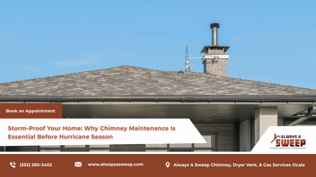 An exterior wide shot of a residential shingle roof featuring a tall concrete block chimney stack with a metal flue extension under a clear blue sky, highlighting pre-hurricane season chimney maintenance in Ocala, FL.
