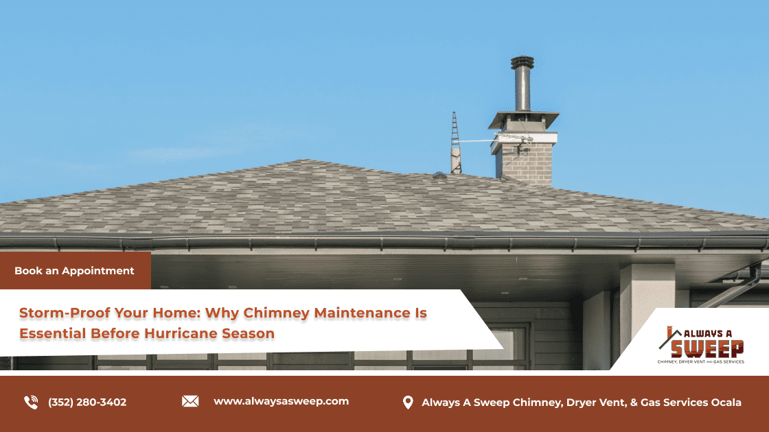 An exterior wide shot of a residential shingle roof featuring a tall concrete block chimney stack with a metal flue extension under a clear blue sky, highlighting pre-hurricane season chimney maintenance in Ocala, FL.