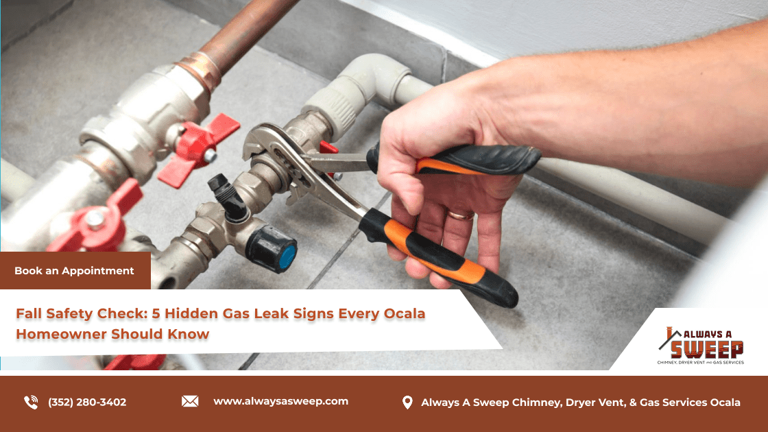 A close-up view of a technician using pliers and a wrench to adjust a residential valve system, illustrating a seasonal fall safety check for gas lines in Ocala, FL.