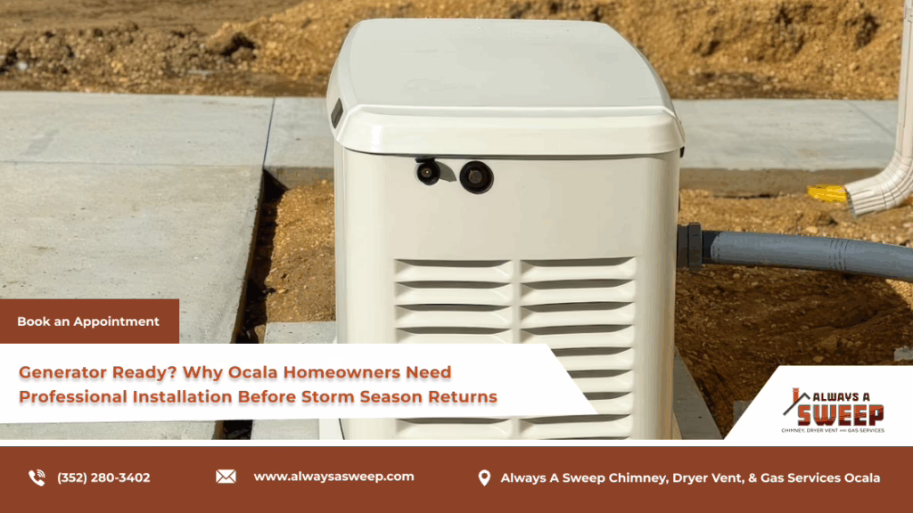 A close-up view of a whole-home standby generator gas unit installed on a concrete pad with professional gas hookup piping next to a residential foundation in Ocala, FL.