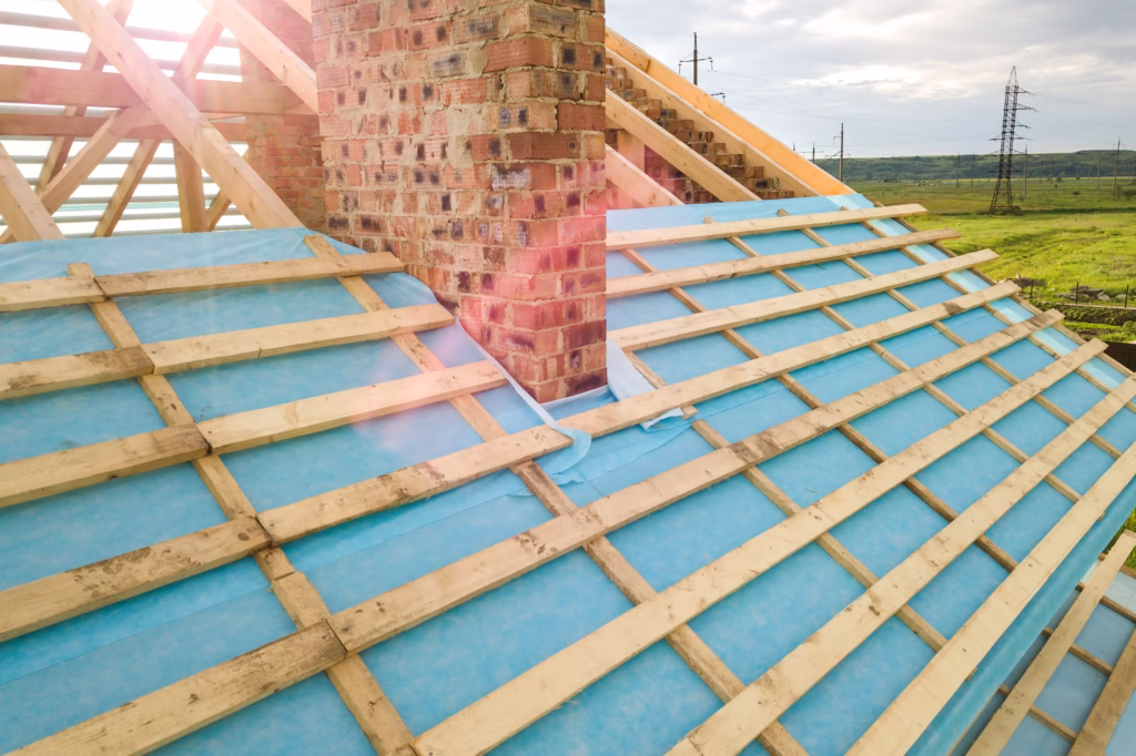 Aerial view of a brick house with wooden roof frame under constr