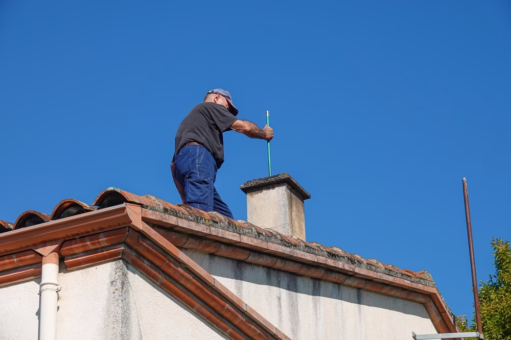 A,Person,Works,On,A,Chimney,Atop,A,House.