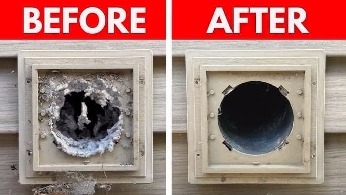 A side-by-side comparison of an exterior square dryer vent; the left "Before" side is heavily clogged with gray lint and debris, while the right "After" side is completely clear and Dryer Vent Kit Limitations Safety Guide.