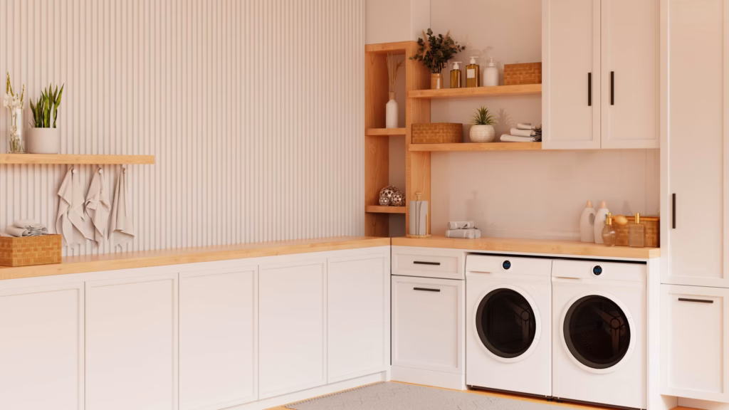 A bright, modern laundry room featuring white cabinetry, light wood countertops, a side-by-side front-loading washer and dryer, and minimalist floating wooden shelves with plants and decor for Dryer Wall Box Installation for Tight Spaces.