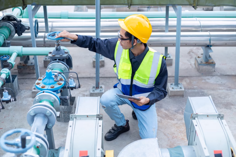 Engineer checks water tank valves, equipment related to hot water production pipelines.