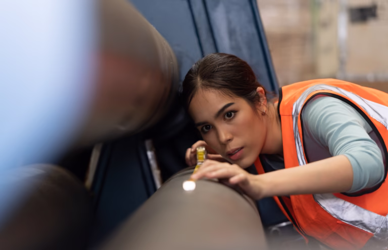 Portrait of an Asian woman with large machinery used in heavy in