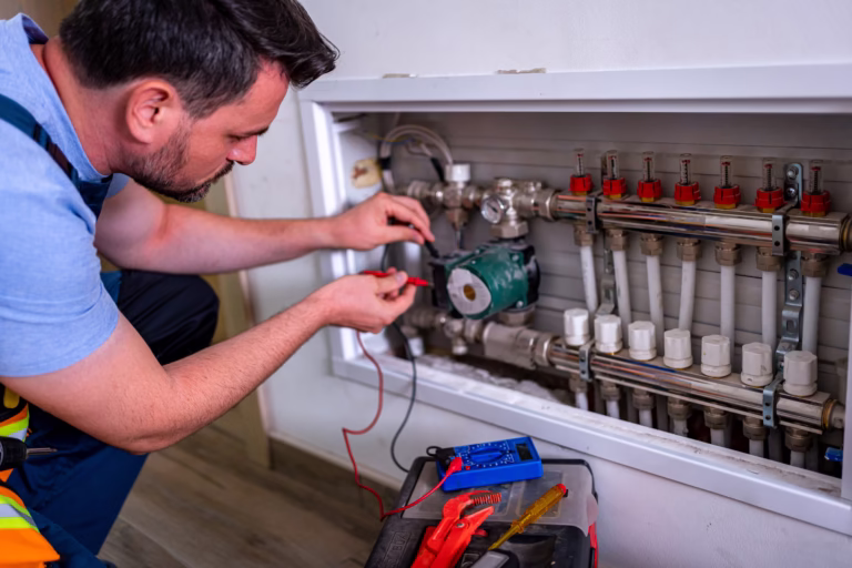 Plumber working on heating system in a residential building during the day