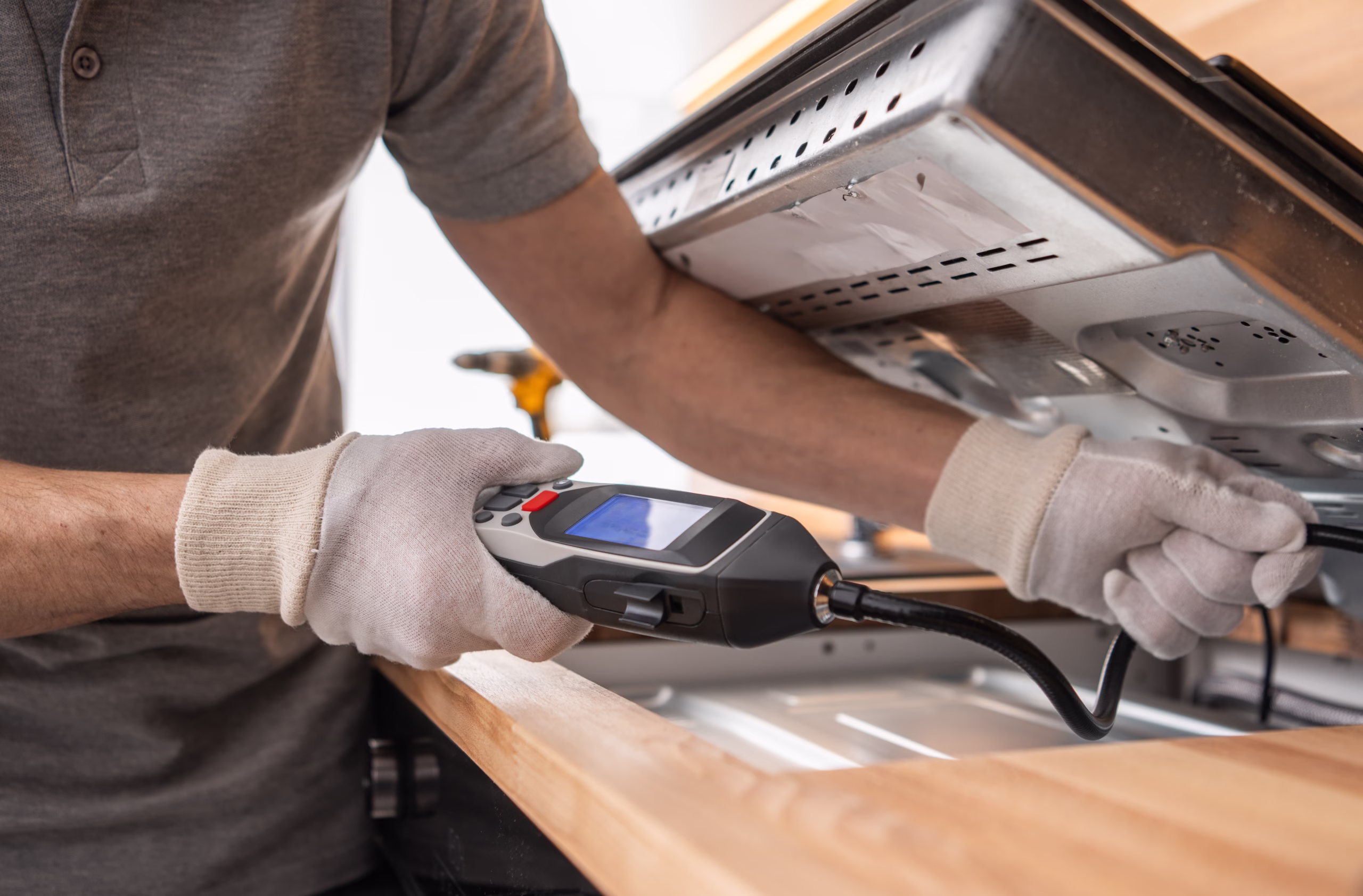 Kitchen Appliances Installer Checking For Gas Leaks Using a Detector