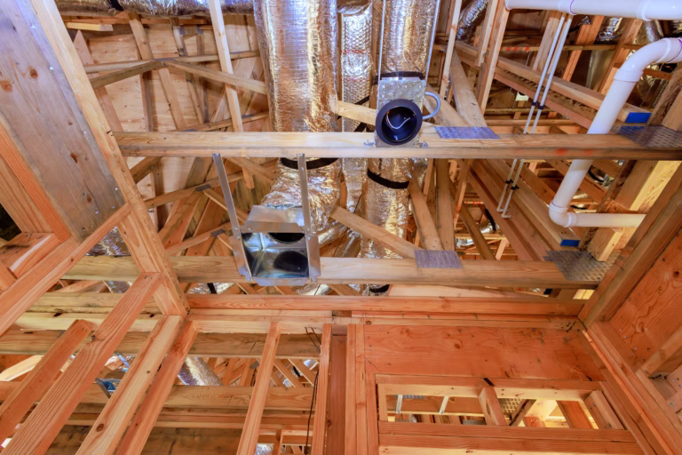 New home under construction is framing an unfinished wood frame using wood trusses, posts, a beams