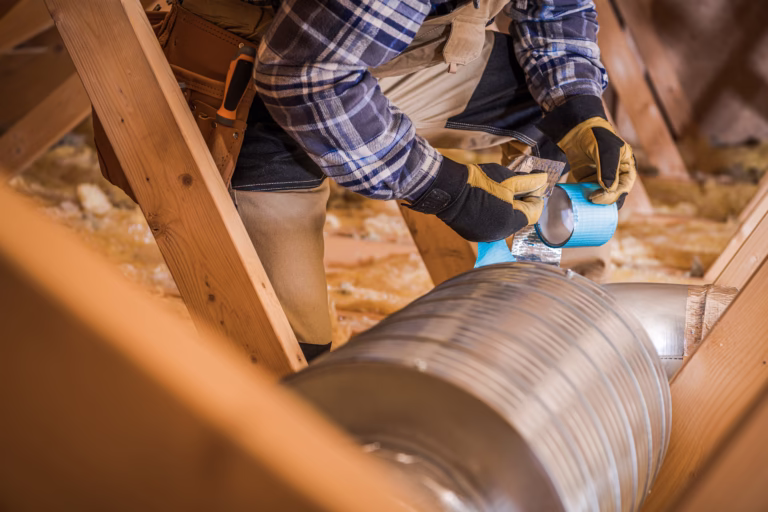 Worker Repairing Ductwork With Tape in Attic During Home Renovation Project