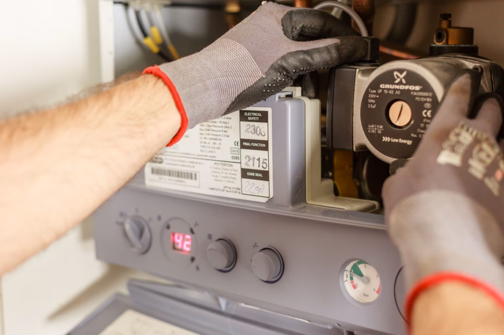 certified technician diagnosing gas valve during fireplace repair