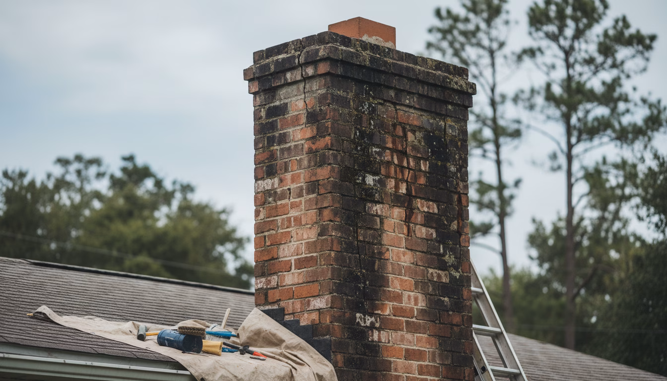 cracked masonry chimney showing water damage before chimney repair crescent city fl service
