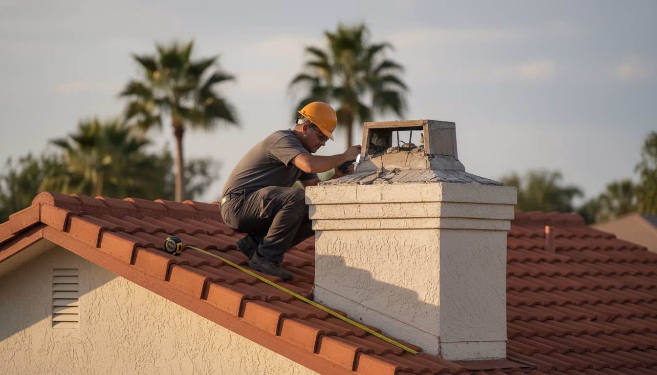 technician inspecting cracked chimney crown during chimney repair old field FL
