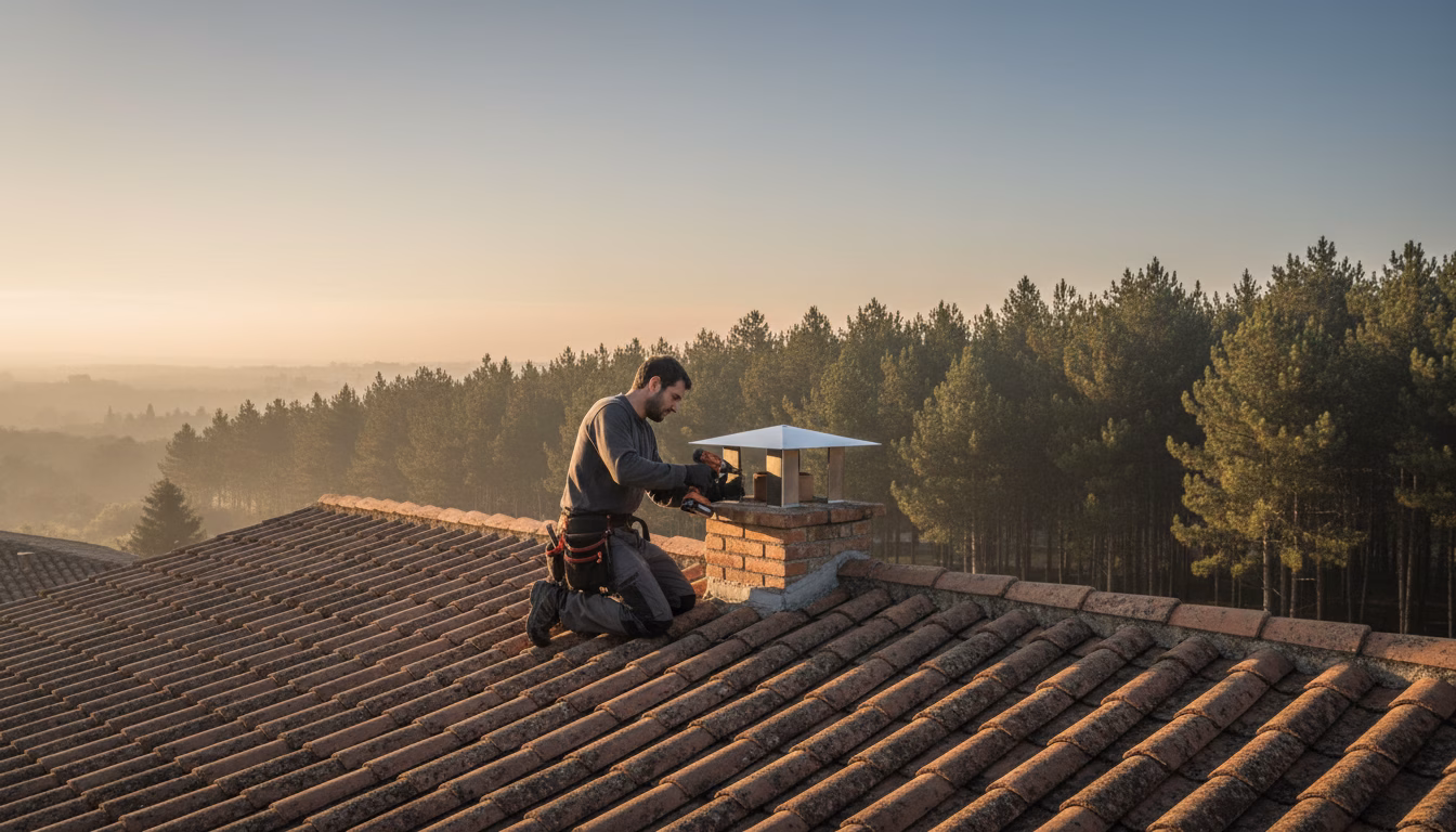 chimney cap installation dunnellon fl technician securing stainless steel cap on masonry chimney
