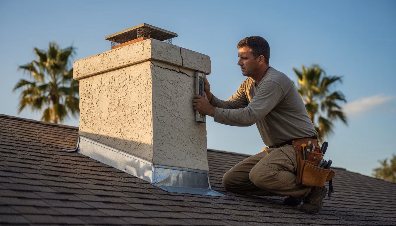 chimney repair technician inspecting cracked masonry on a Central Florida home