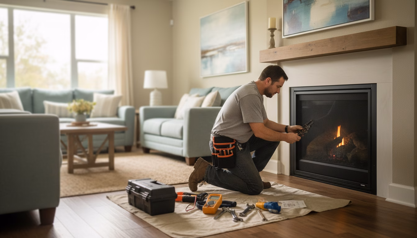 technician performing fireplace repair Crystal River FL homeowner's living room