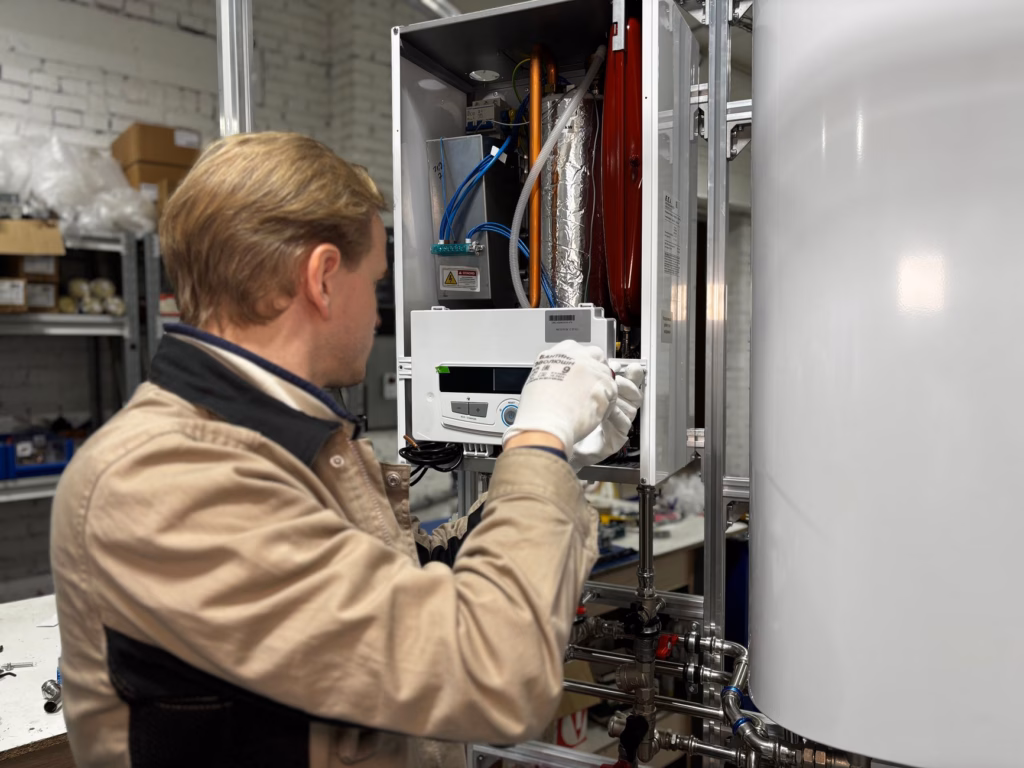 licensed technician checking clearances during gas fireplace installation