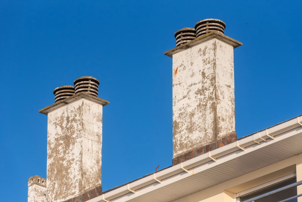 technician inspecting a masonry chimney with a flashlight, representing a trusted chimney company near me