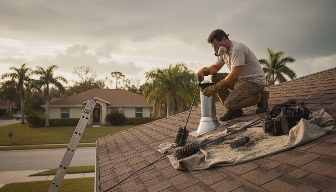 Certified technician performing a chimney sweep Homosassa FL homeowner scheduled before winter